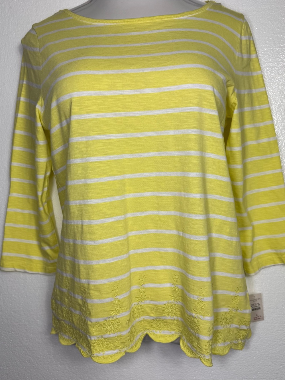 Talbots Yellow White Striped Embroidered Hem Top 3/4 Sleeve Cotton Sz Small NWT